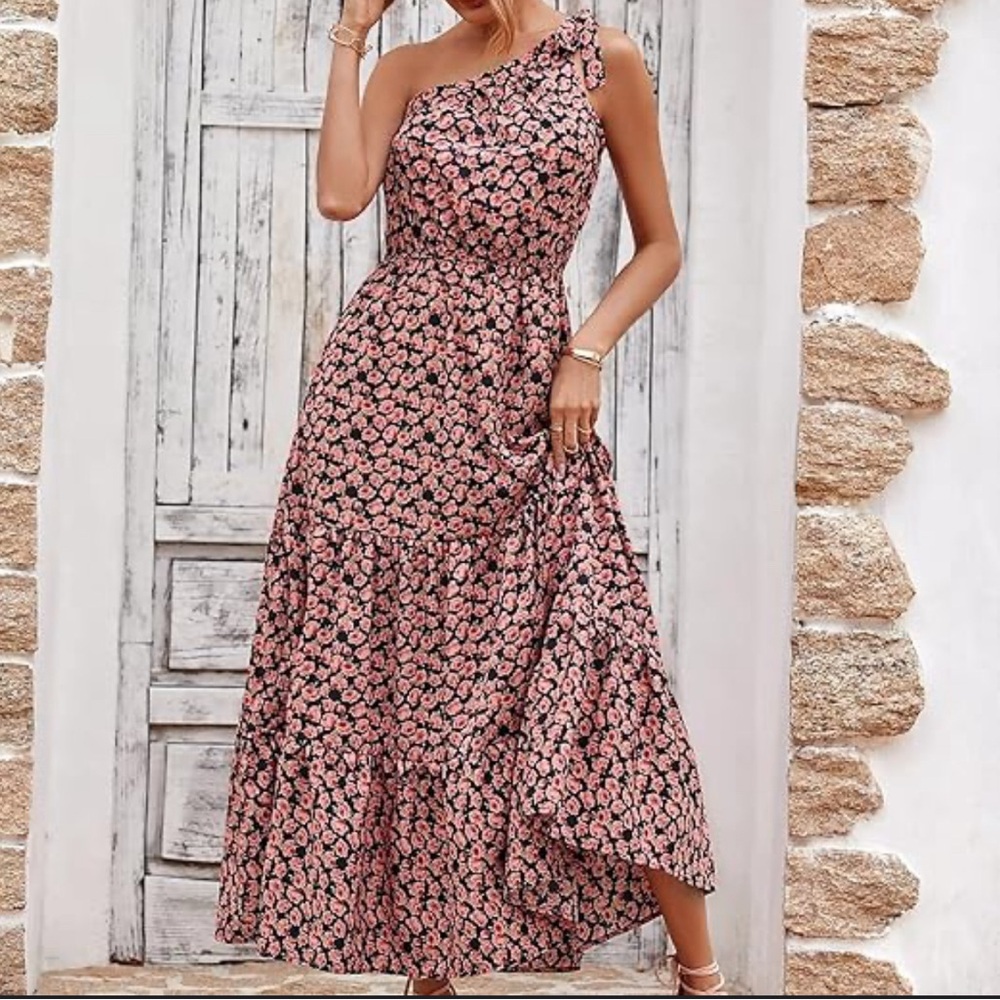 “Pretty Garden” (NWT) Black/Pink Floral One Shoulder Ruffle Dress Women's SZM